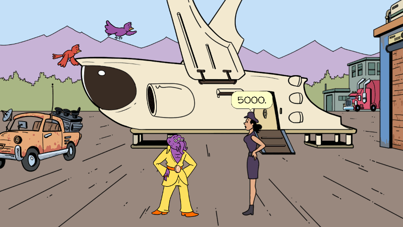 The protagonist buying a spaceship.